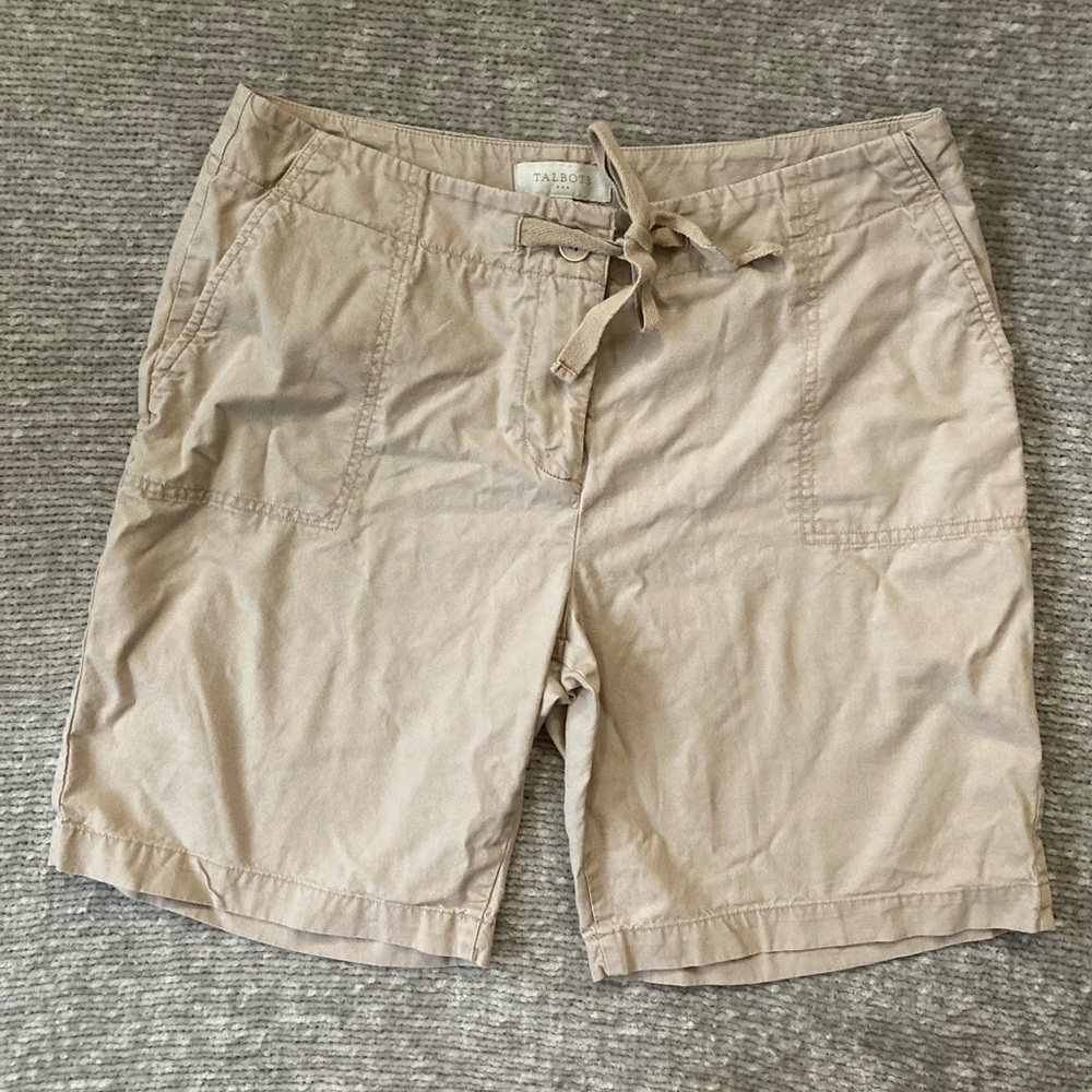 Talbots Khaki Drawstring Bermuda Shorts Size 10 100% Cotton Neutral Summer